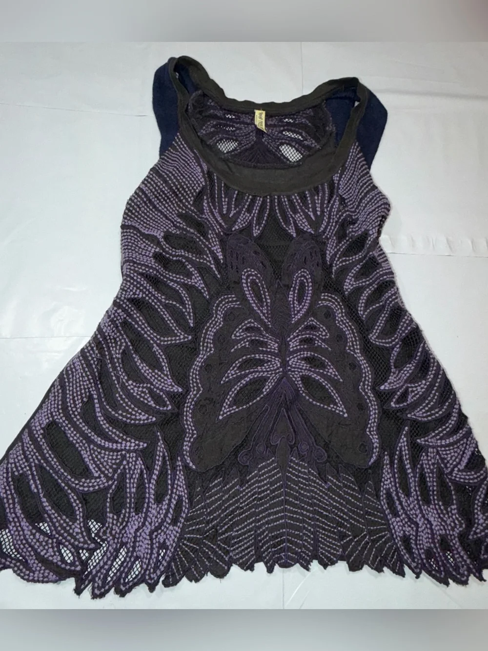 Free people butterfly tank TOP Open crochet Knit black purple blue Festival ART